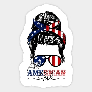 All American Girl 4th Of July Shirt Women Messy Bun USA Flag Sticker